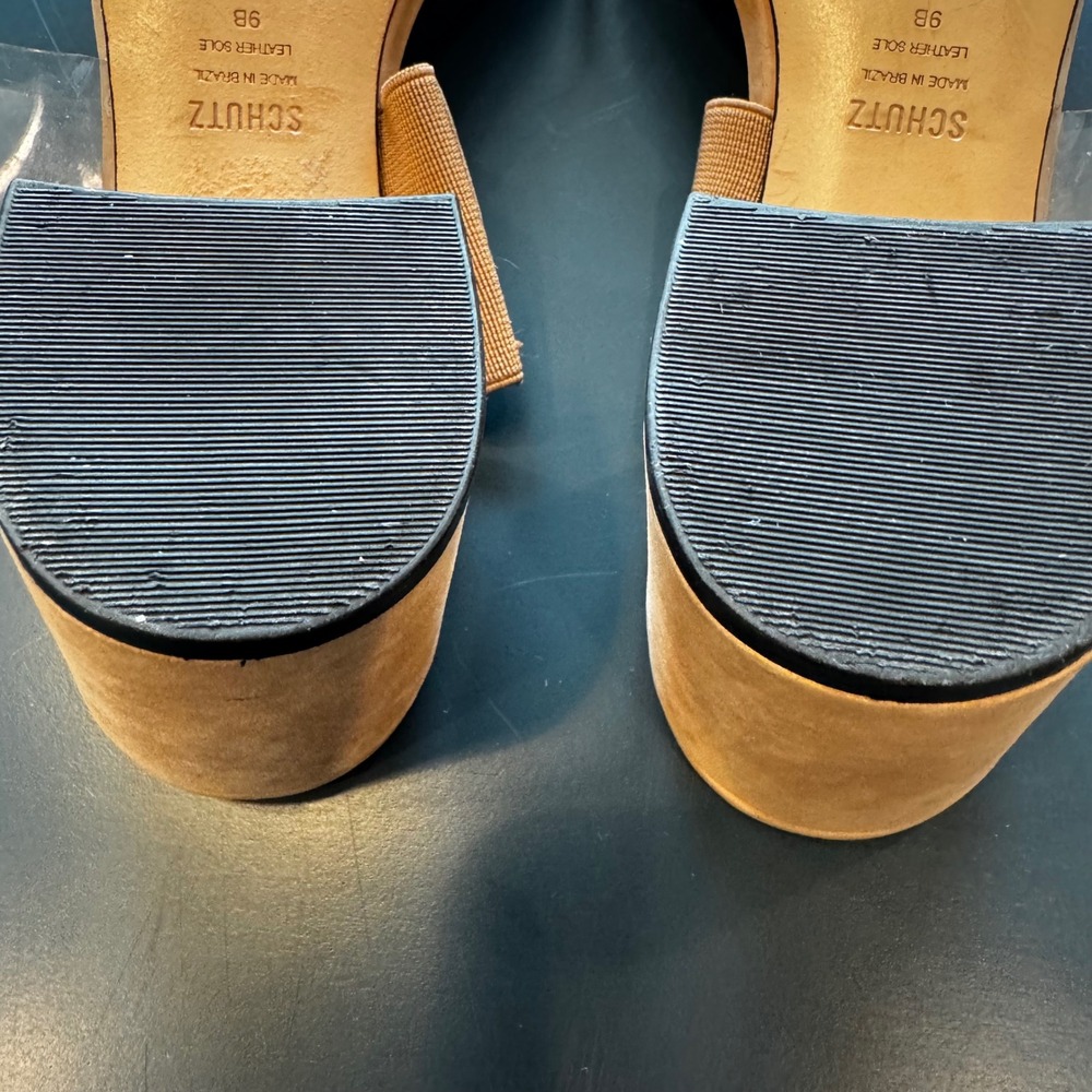 Schutz Women 9 B Clear Strap Tan Footbed Block Heel Slide Mule Sandals Neutral - Picture 15 of 16